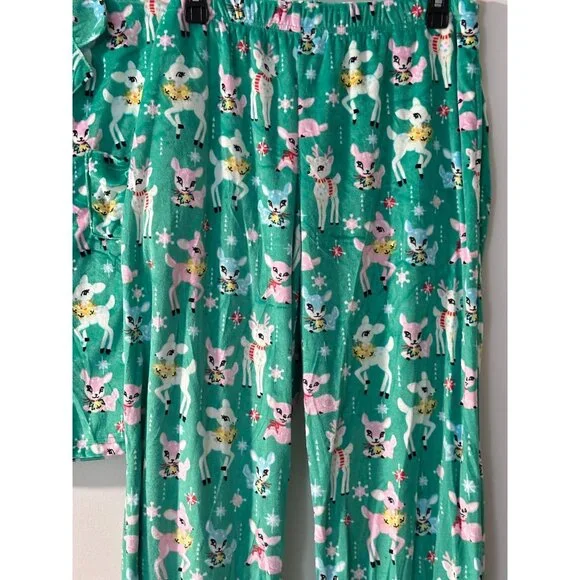Holiday Time Pajama Set Women Christmas Green Mint Retro Reindeer Print PJ's NEW - Picture 4 of 8